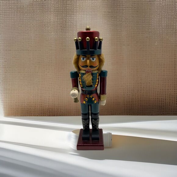 Wood Nutcracker Figurine 15.5 inch King Burgundy Red  And Green Crown Fur Trim - Picture 1 of 6